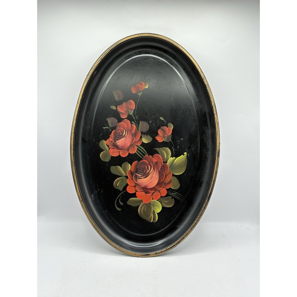 Vintage Mid Century Hand Painted Tole Metal Tray Rose Floral 16" Philadelphia
